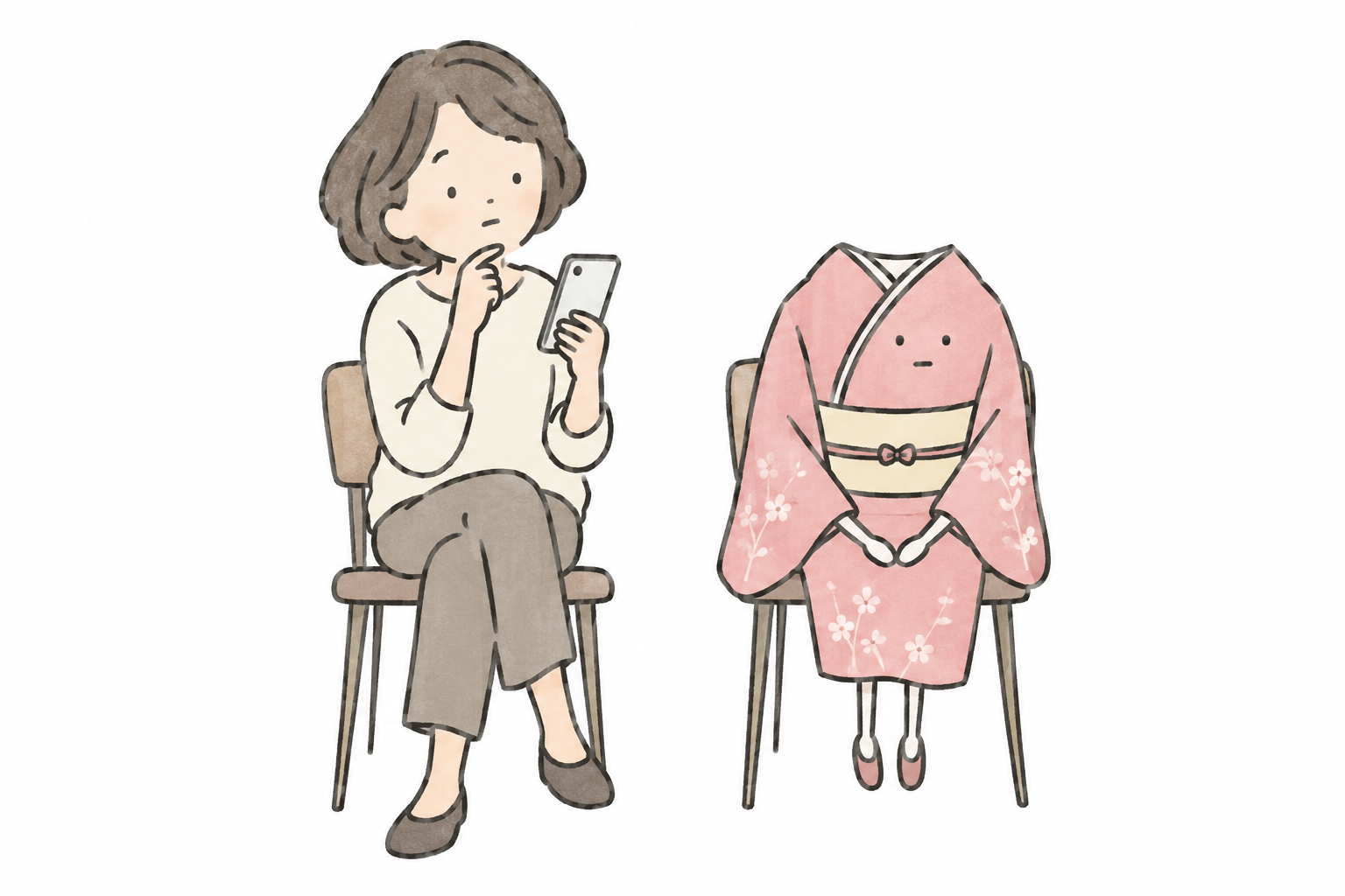 査定の連絡を見ながら、着物と一緒にゆっくり考える人のイラスト