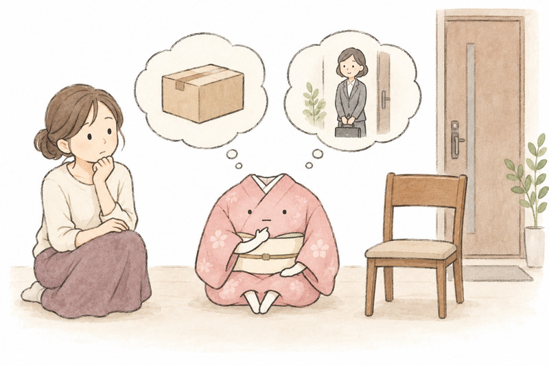 宅配用の箱と対面査定の椅子の間で考える着物のイラスト
