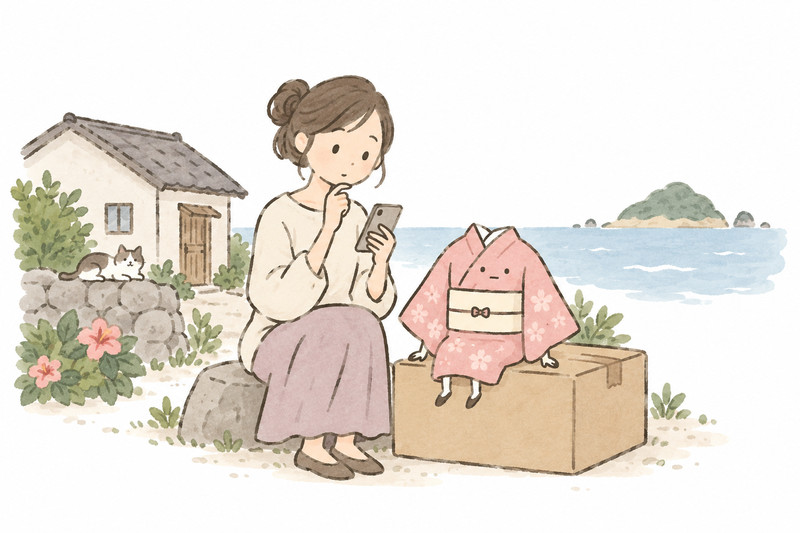 自宅から宅配の利用地域を確認する人と着物のイラスト