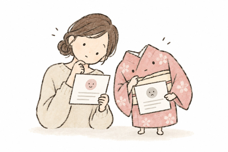 口コミを見比べ、首をかしげて考える人と着物のイラスト