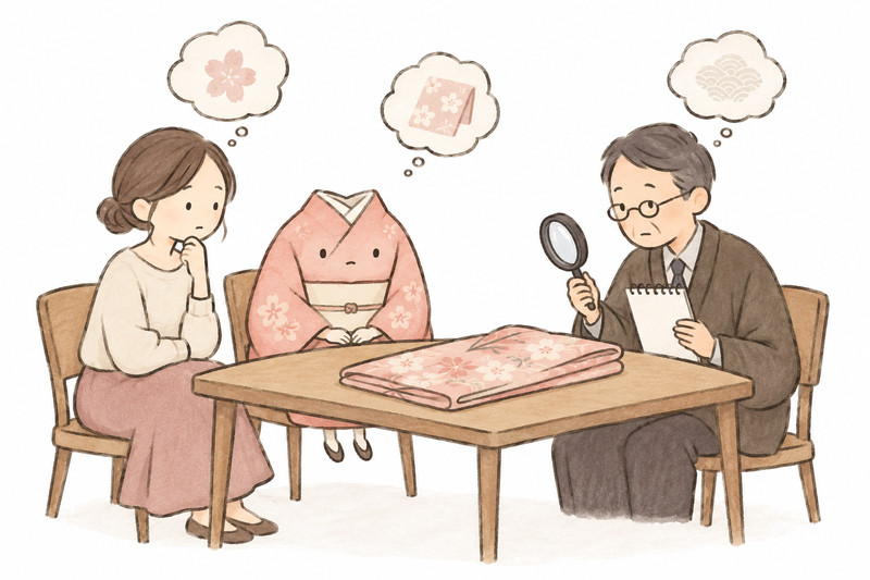 実物を見ながら着物の価値を確かめるイラスト