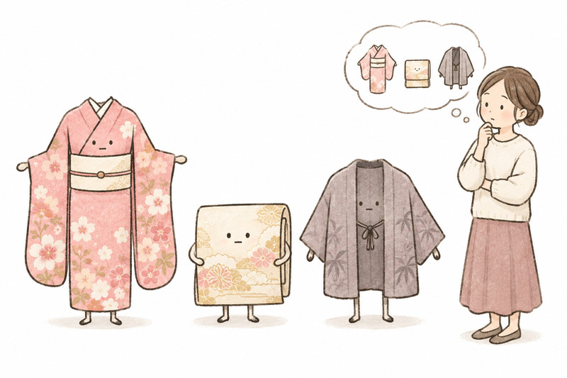 振袖・帯・羽織から手元の品に合う記事を探すイラスト