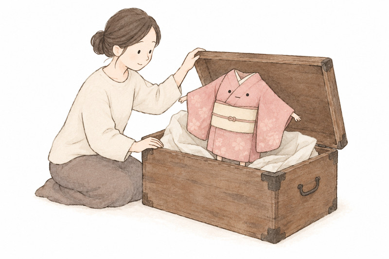 長くしまっていた着物を取り出して状態を確かめるイラスト