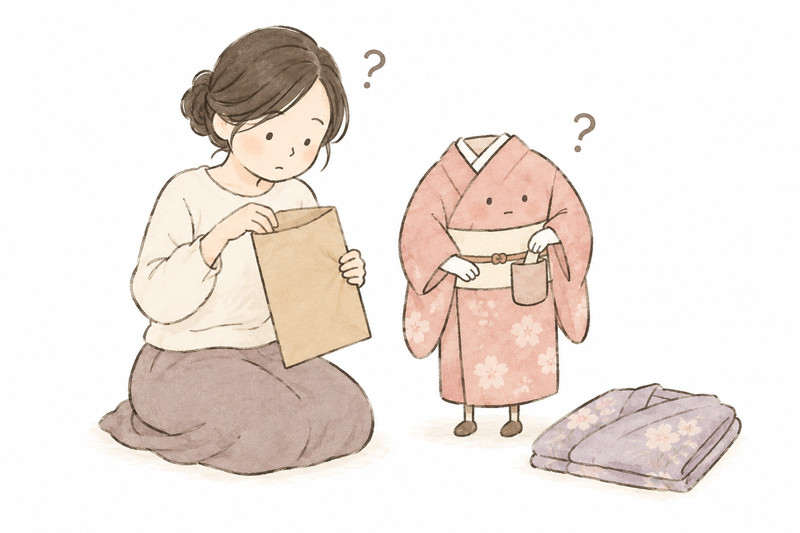 見つからない証紙を人と着物が一緒に探すイラスト