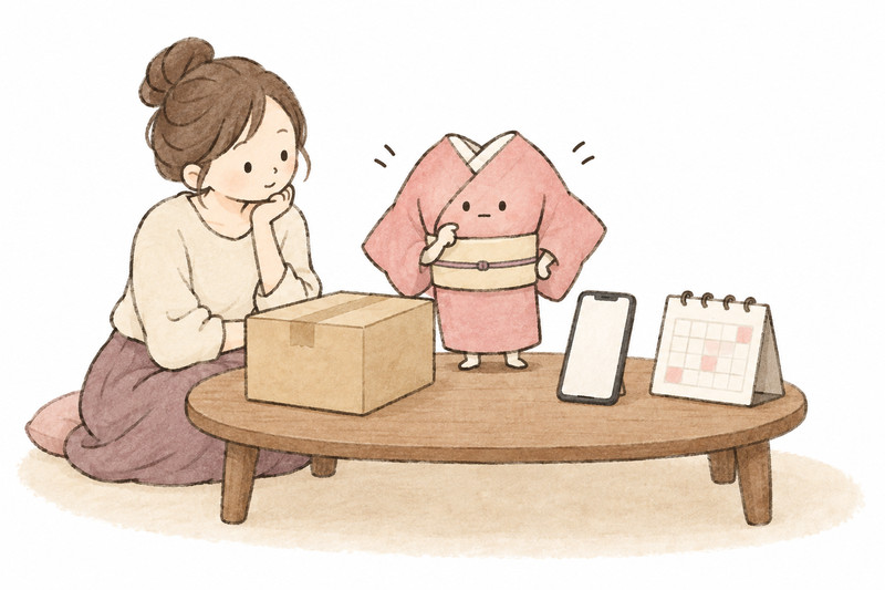 申込みから入金までの予定を着物と一緒に整理するイラスト