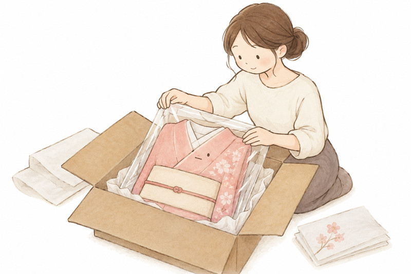 防水用の袋と緩衝材で着物を丁寧に箱詰めするイラスト