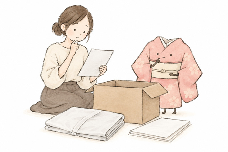 箱や書類など、宅配キットの中身を確認するイラスト