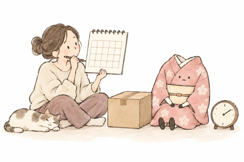 箱と時計を前に査定や入金の予定を考えるイラスト