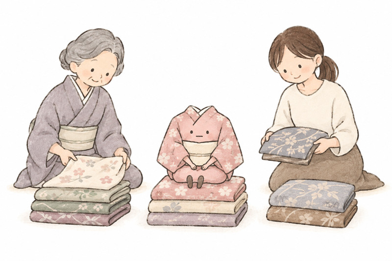 母と子が残す着物や売却候補を分けるイラスト