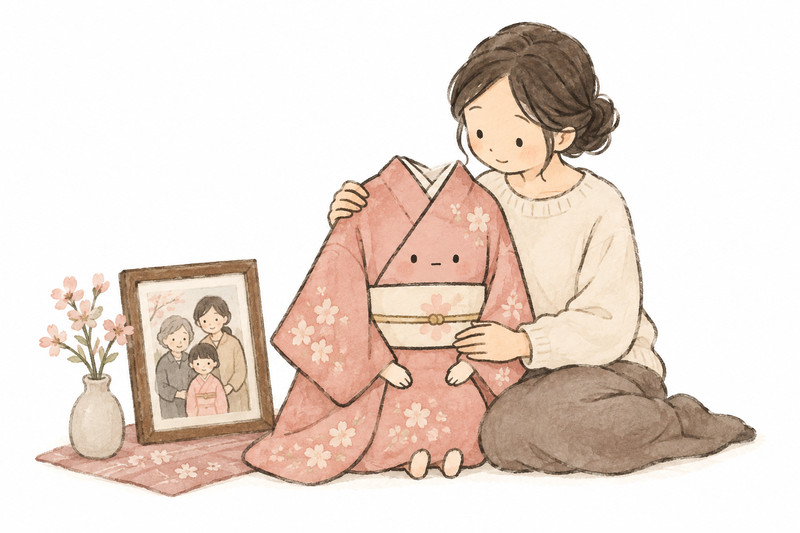 思い出の着物を残すか、ゆっくり考えるイラスト