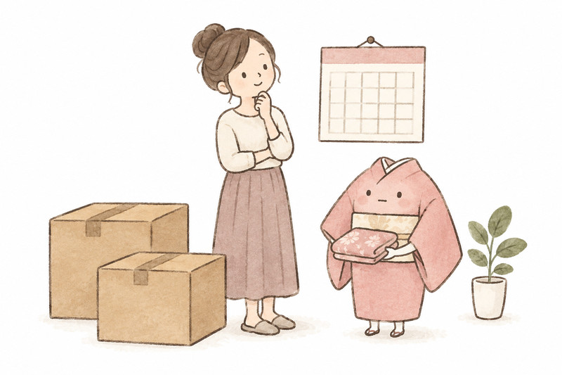 引越しの日から逆算して着物整理を考えるイラスト