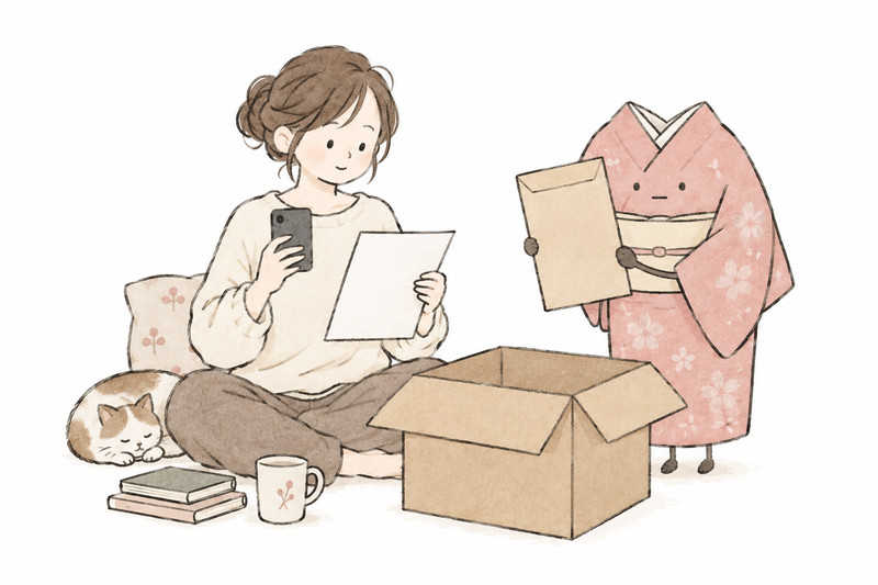 宅配買取の申込み前に書類と箱を用意するイラスト