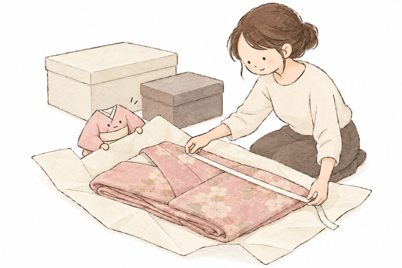 着物を専用の宅配キットに収めるイラスト