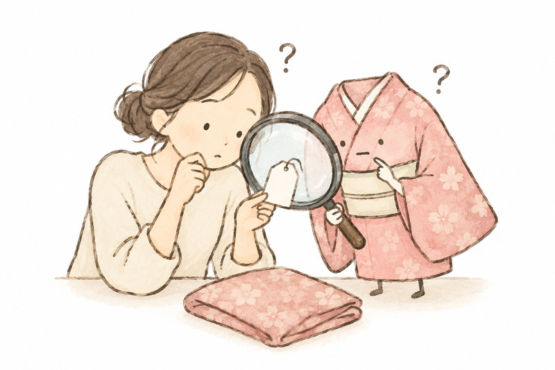 着物の素材表示や特徴を一緒に確かめるイラスト