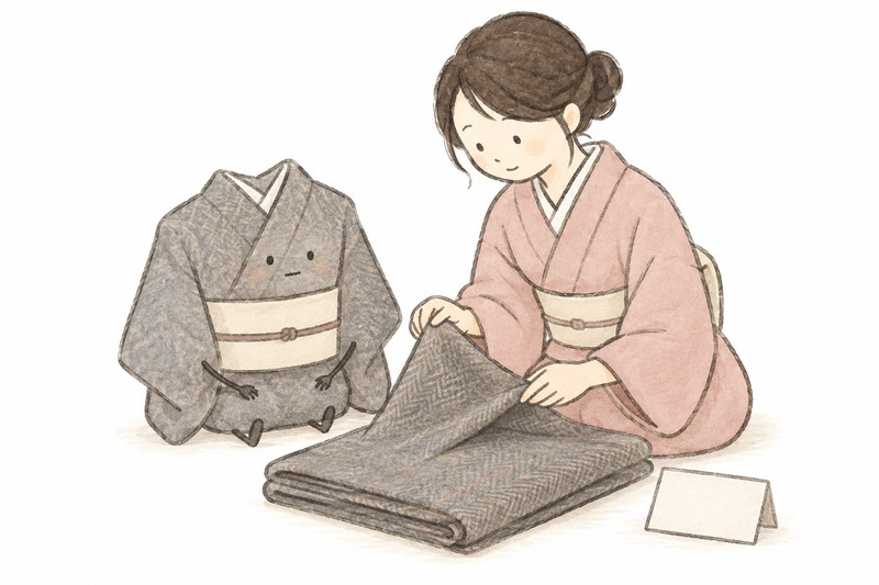 ウールの着物をほかの着物と分け、素材を確認するイラスト