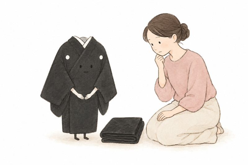 喪服の着物と帯を分けて、受付条件を確認するイラスト