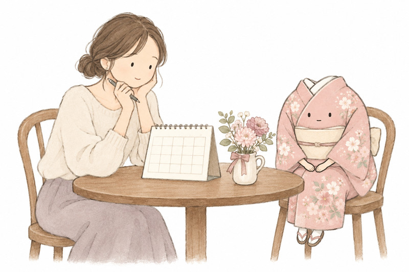 今後の行事を考えながら訪問着を残すか迷うイラスト