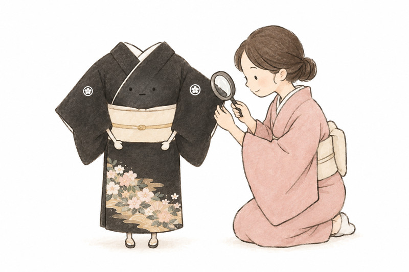 家紋や裏地をそのまま確かめる留袖のイラスト