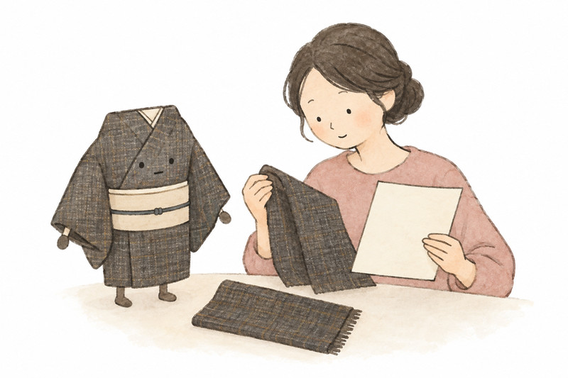 大島紬の着物と端布・資料を照らし合わせるイラスト