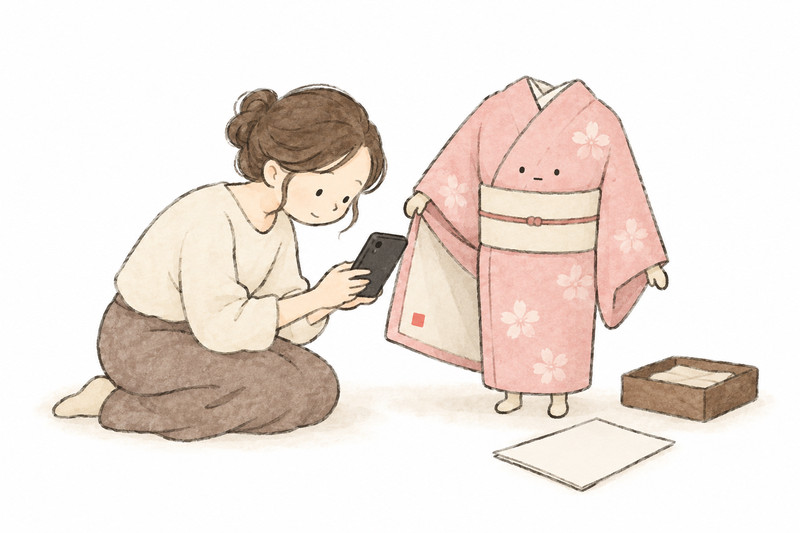 着物の落款と購入資料を記録するイラスト