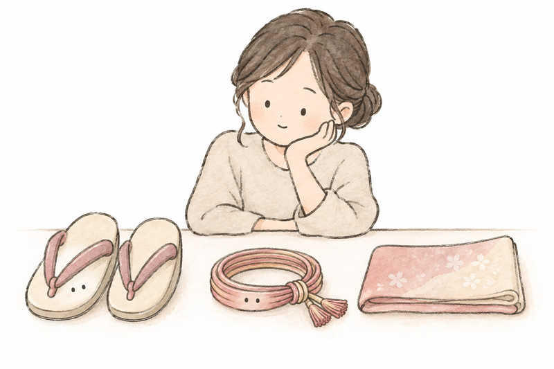 草履や帯締めなどの和装小物を一覧にするイラスト