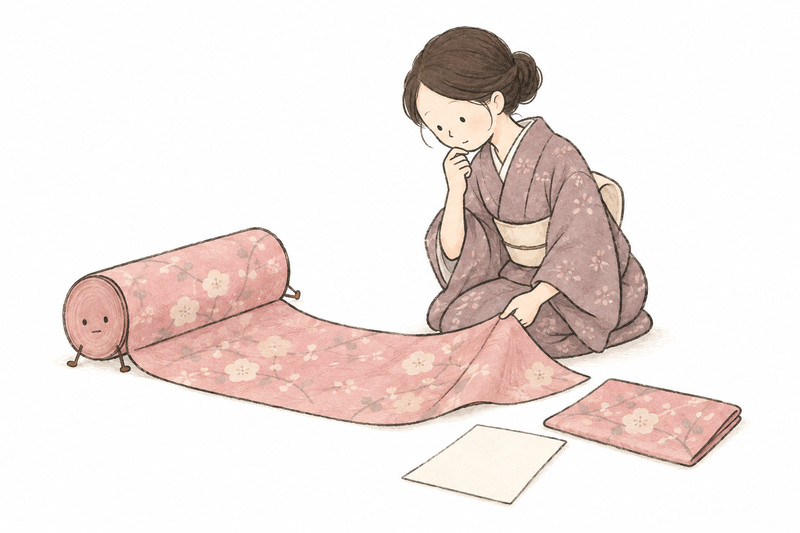 反物を切らずに、端布と資料をそろえるイラスト