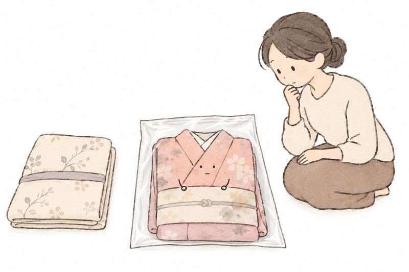 カビが見える着物をほかの品と分けるイラスト