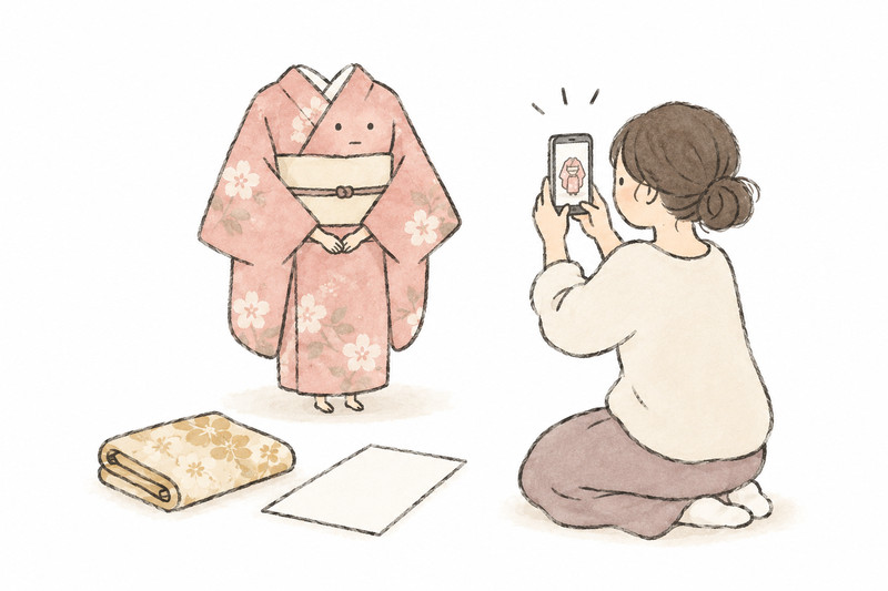 着物の写真と相談方法をスマートフォンで確認するイラスト