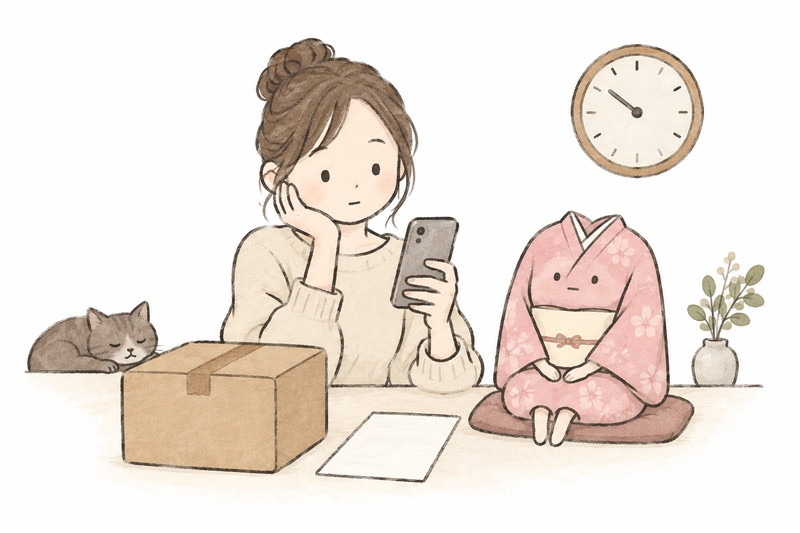 着物の到着後、査定連絡の予定を確認するイラスト