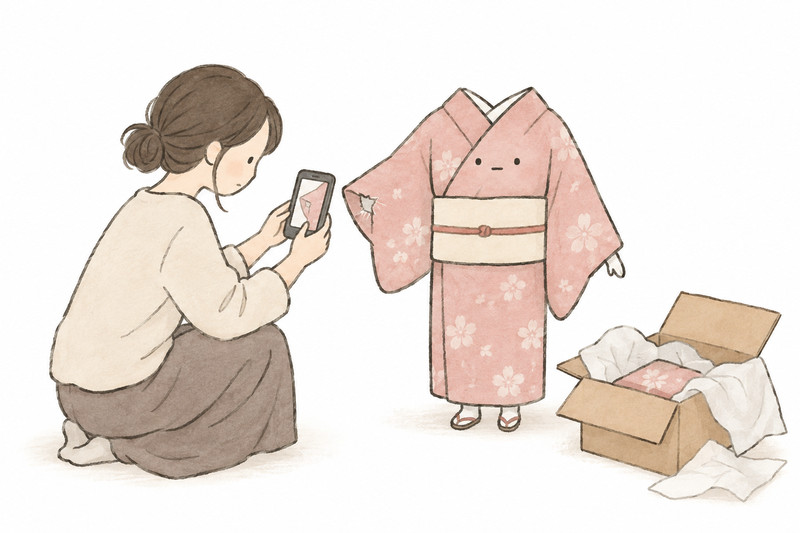 返却された着物の傷と箱を手入れ前に記録するイラスト