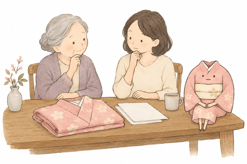 親と一緒に売る着物と申込み方法を確認するイラスト