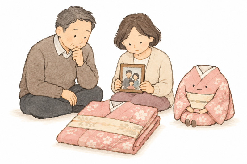 遺品の着物を家族で確かめ、残す品を考えるイラスト