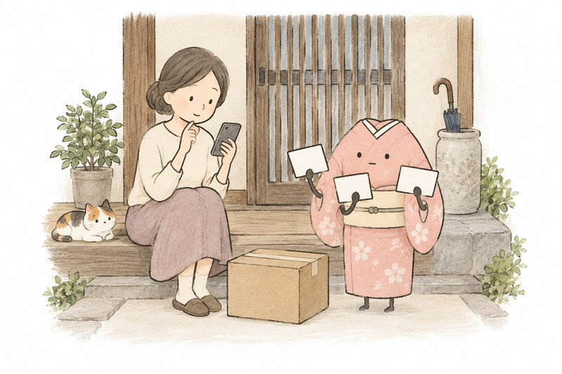 実家から送る前に、受取先や返却先を確認するイラスト