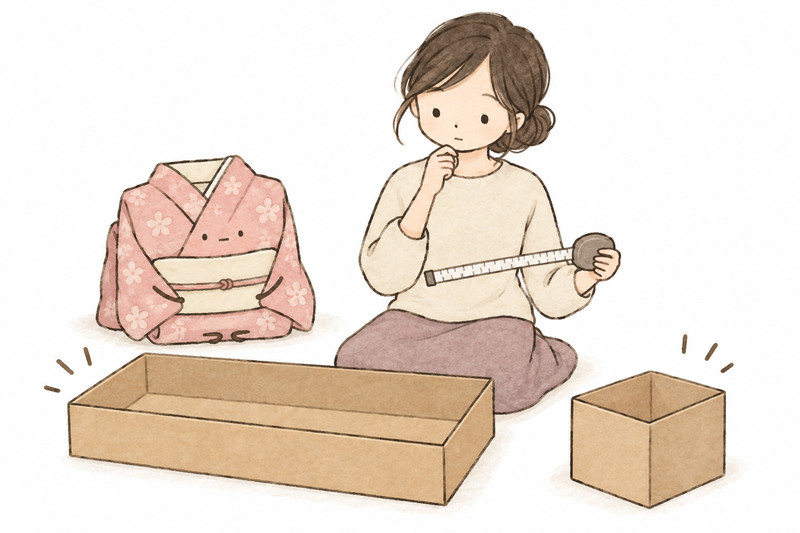 着物が無理なく収まる段ボール箱を選ぶイラスト