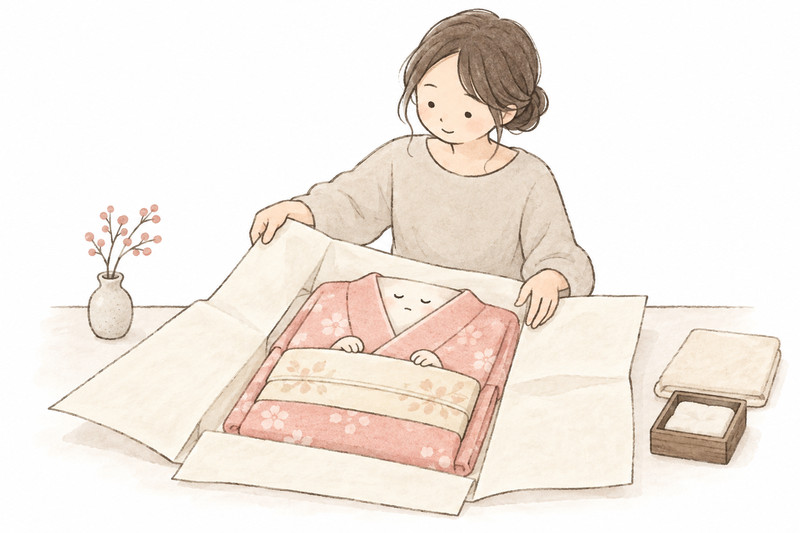 たたんだ着物をたとう紙に収めるイラスト