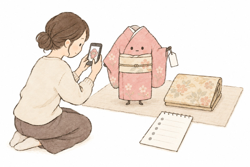 品目リストと写真で発送前の着物を記録するイラスト