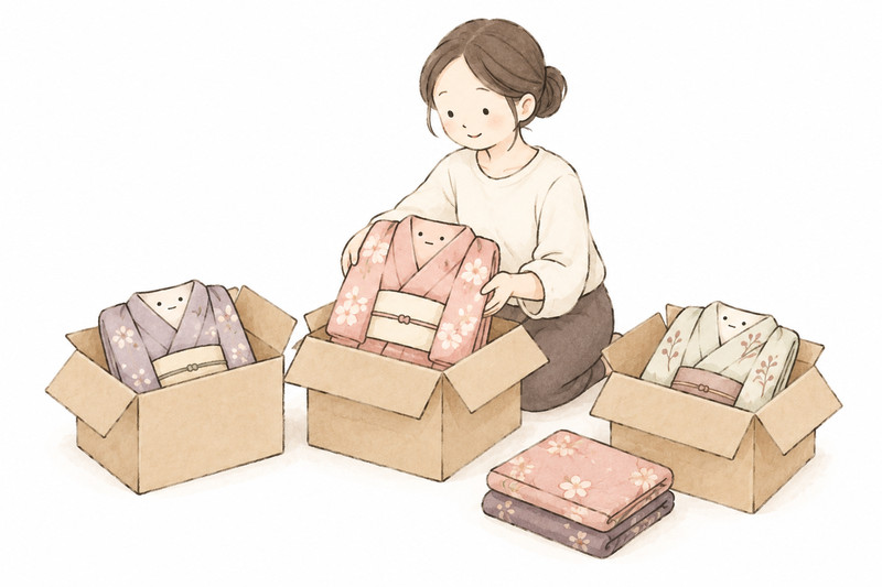 大量の着物を持ちやすい箱に分けるイラスト