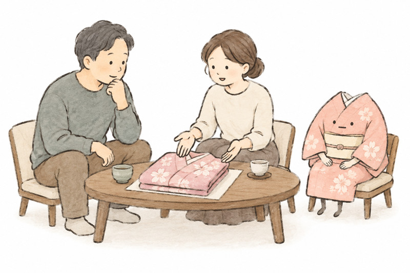 家族と着物を残したい理由を話し合うイラスト