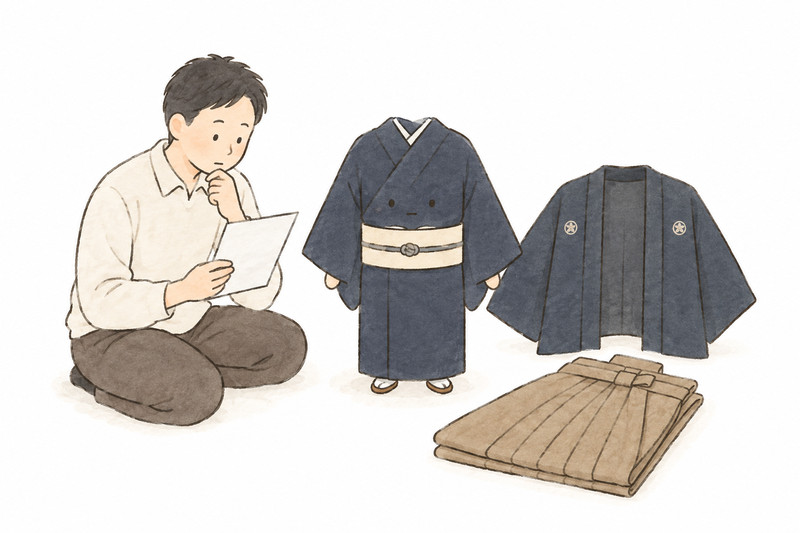 男物の着物・羽織・袴を一式でそろえるイラスト