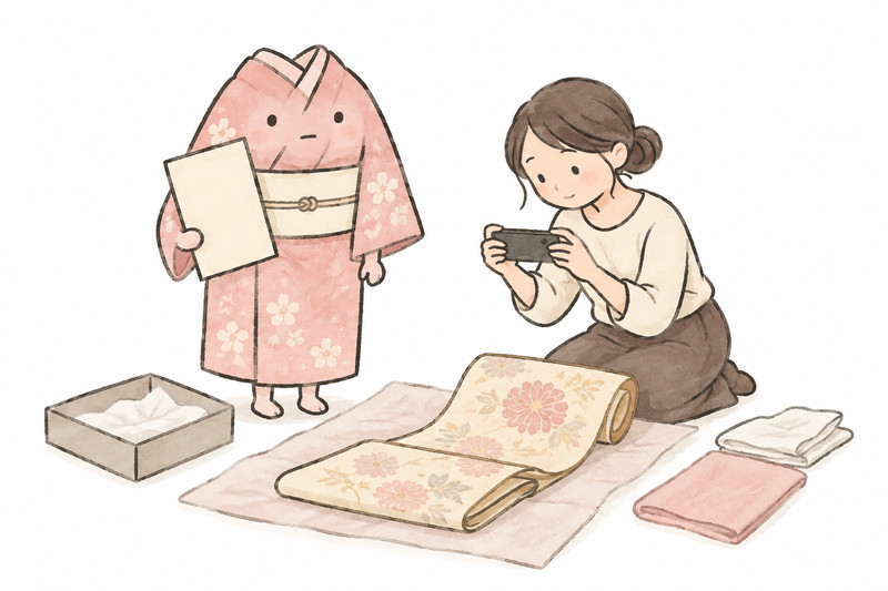 証紙と付属品をそろえ、着物の価値を伝える準備のイラスト