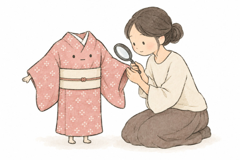 小紋の衿や袖口、素材を確かめるイラスト