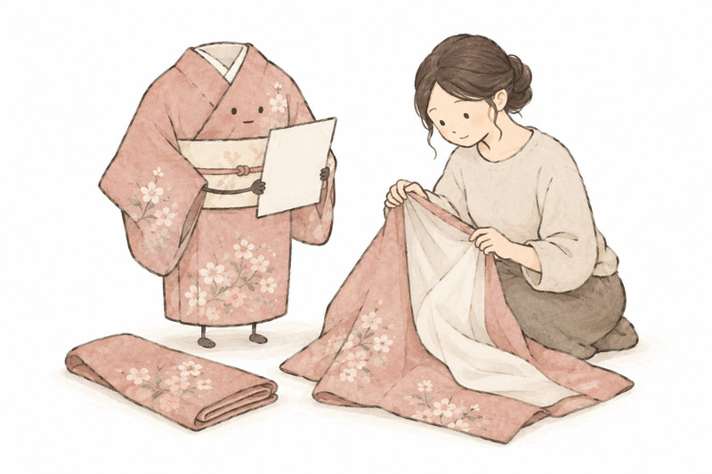 付け下げの資料と表地・裏地を確認するイラスト
