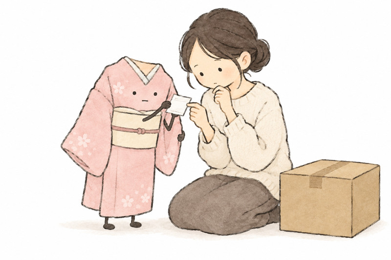 化繊の着物の素材表示と受付条件を確かめるイラスト