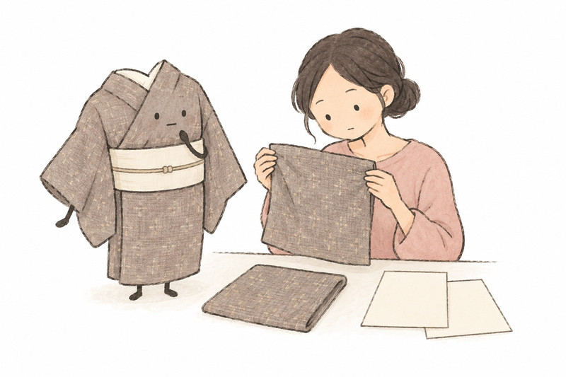 結城紬の着物と端布・証紙の対応を確かめるイラスト