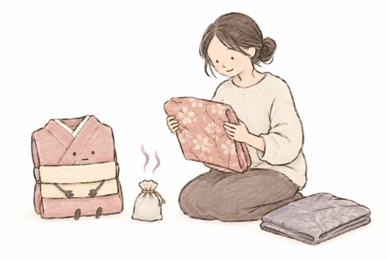 防虫剤のにおいがある着物を分けて状態を伝えるイラスト