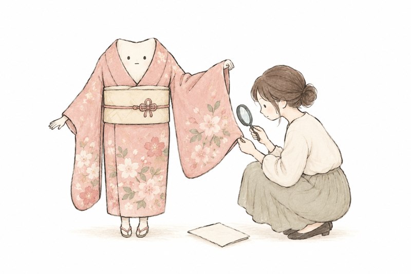 振袖の長い袖に傷みがないか、着物のキャラクターと一緒に確かめるイラスト