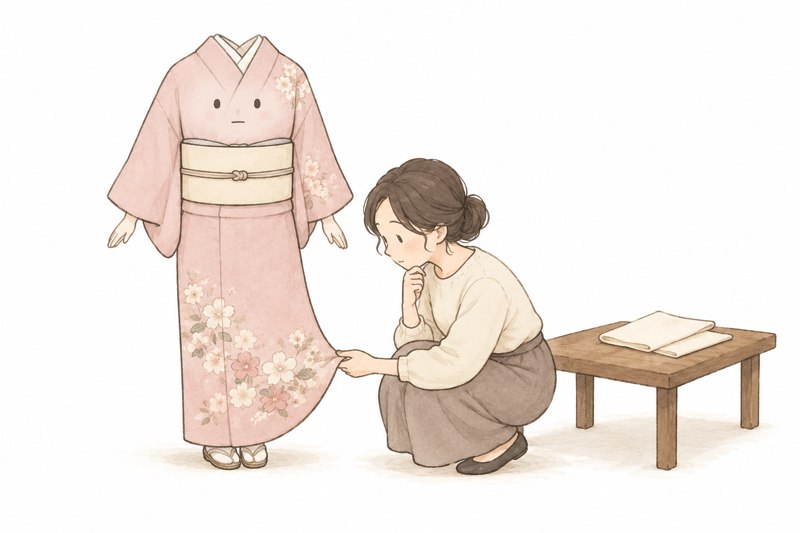 訪問着の裾の柄と状態を、着物のキャラクターと一緒に確かめるイラスト