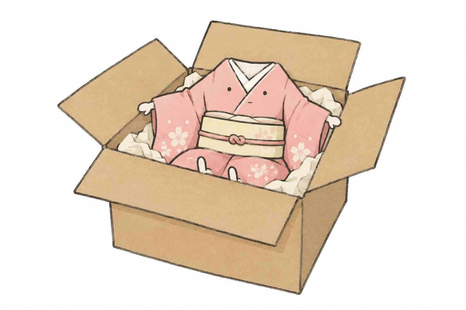 箱におさまって出発を待つ着物の、少しシュールなイラスト