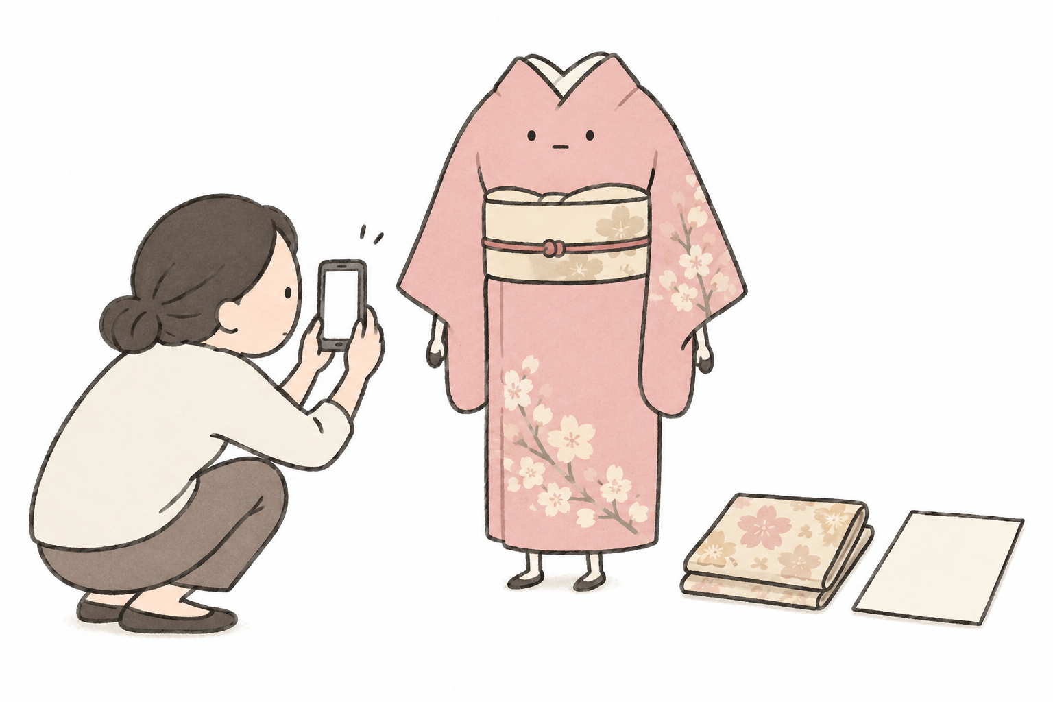証紙をそろえ、着物の状態をスマートフォンで記録するイラスト