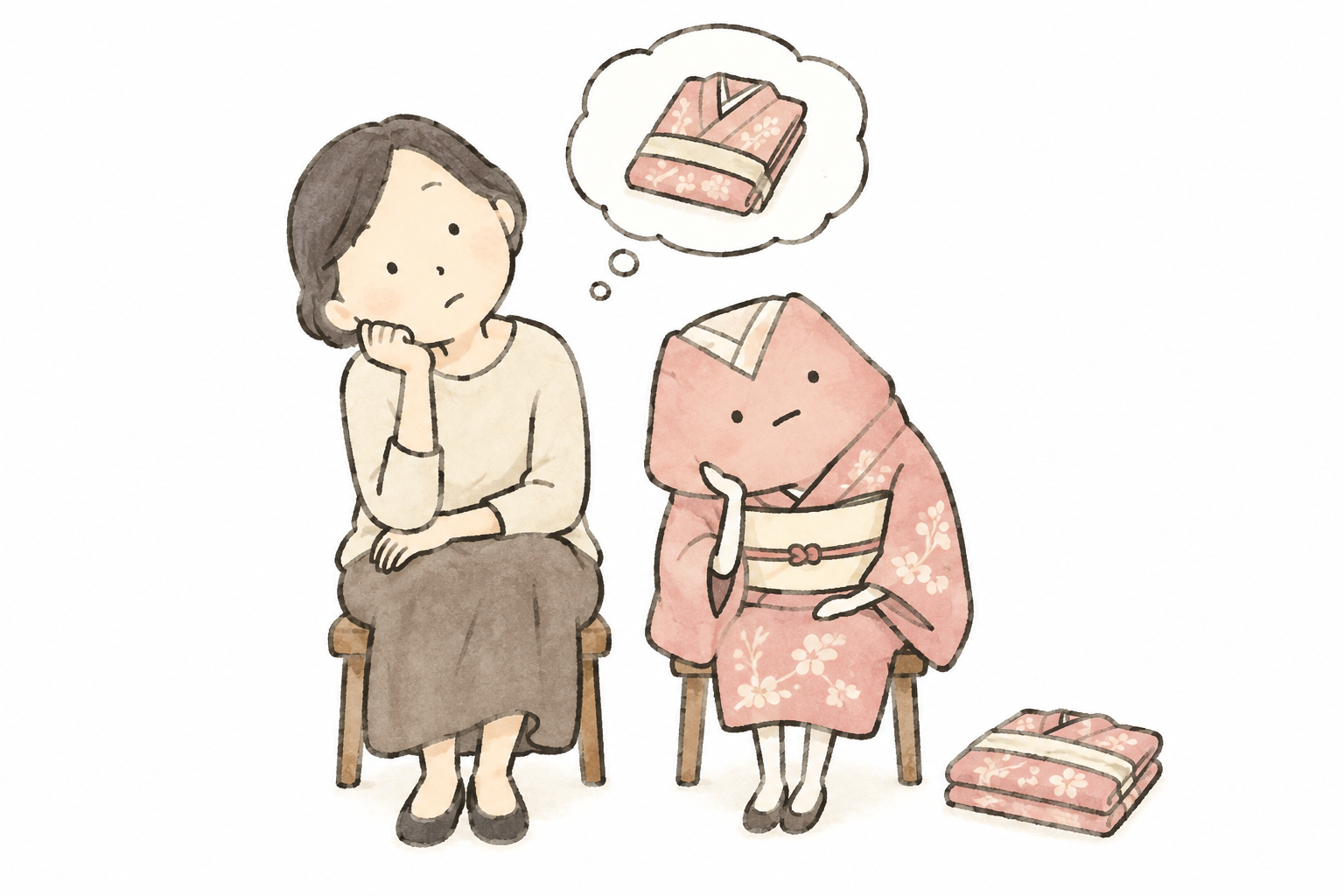 手元の着物と一緒に、売れるかどうかを考える人のイラスト